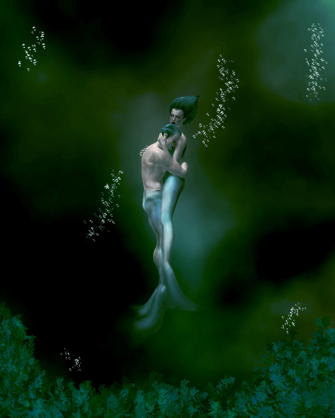 A mermaid and merman embracing underwater