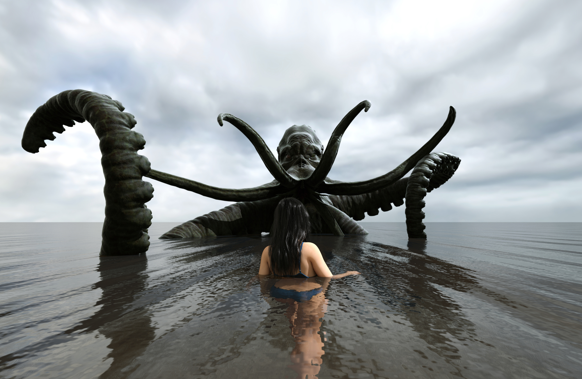 A woman faces a kraken.